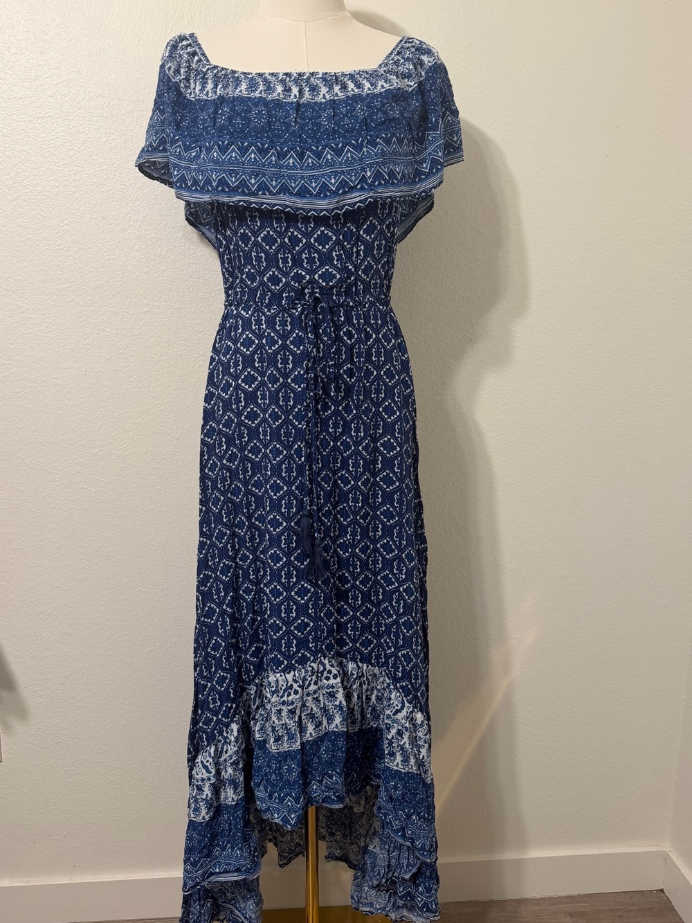 Boho Off-Shoulder Blue High-Low Maxi Dress